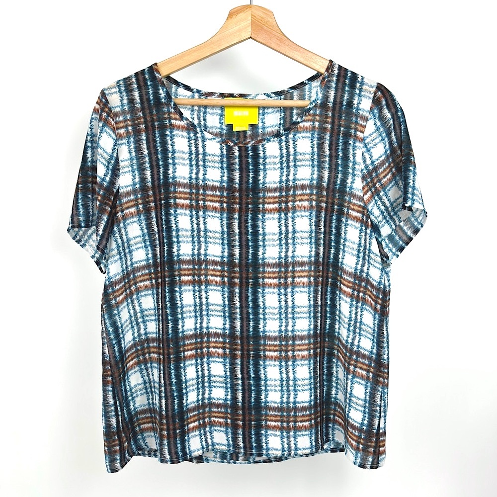 Maeve by Anthropologie Maeve Plaid Draped Split Back Blouse Top Size M